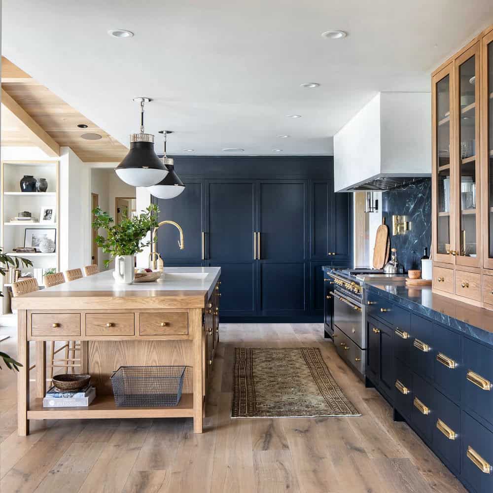 navy blue cabinets with butcher block