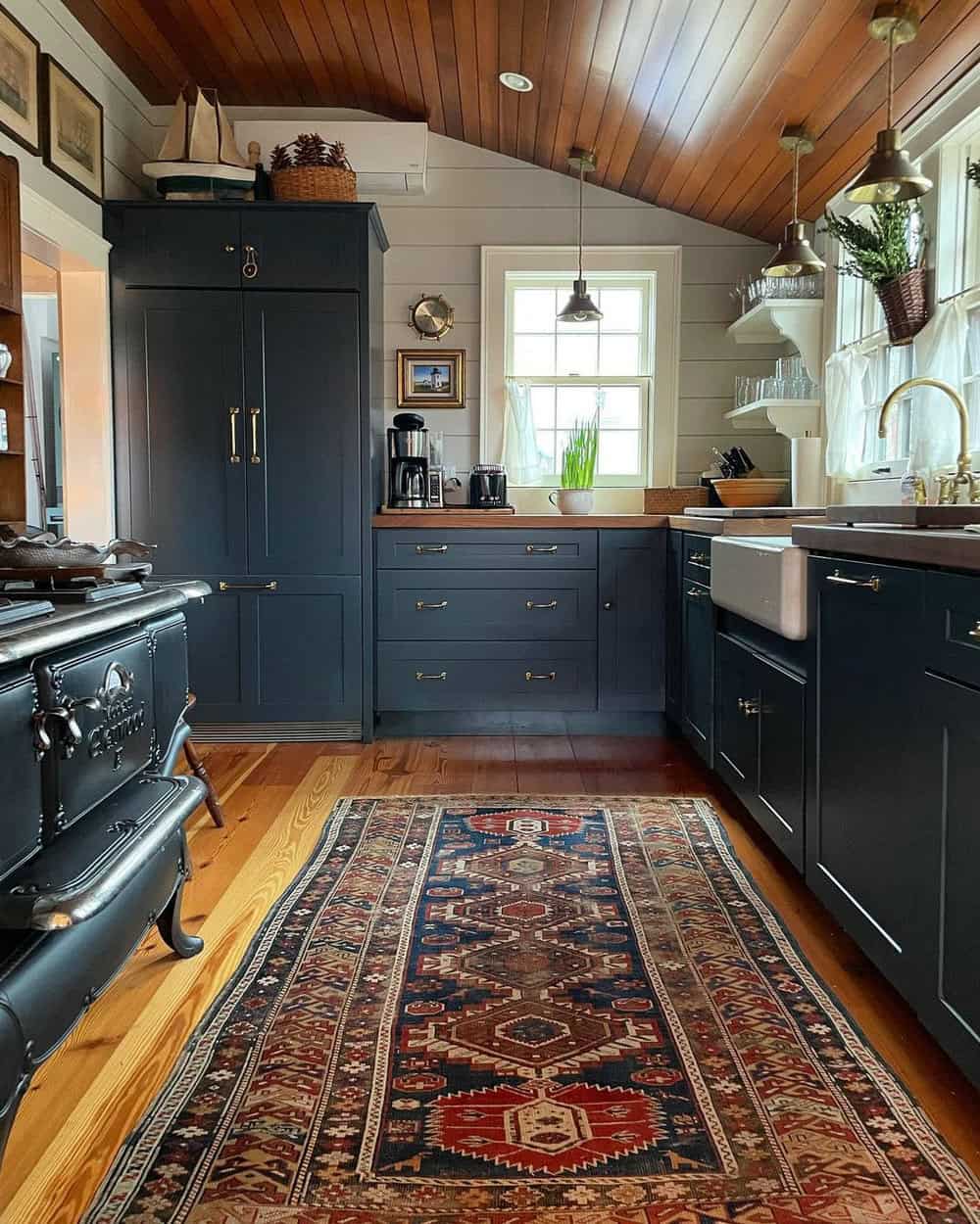 blue cabinets butcher block countertops