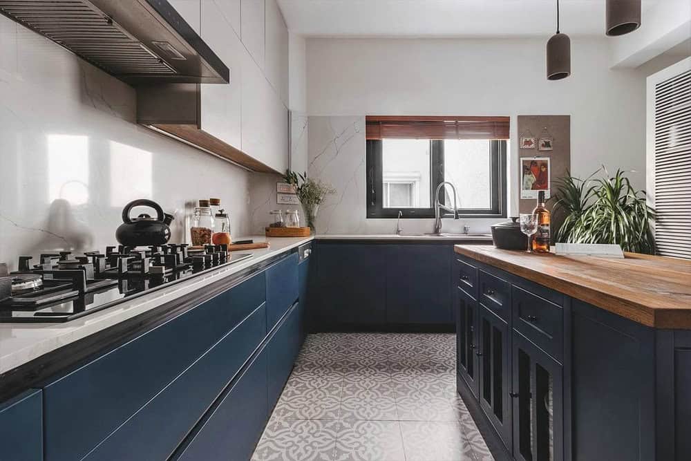 navy cabinets with butcher block