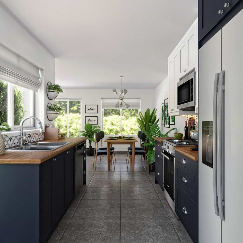 blue cabinets butcher block