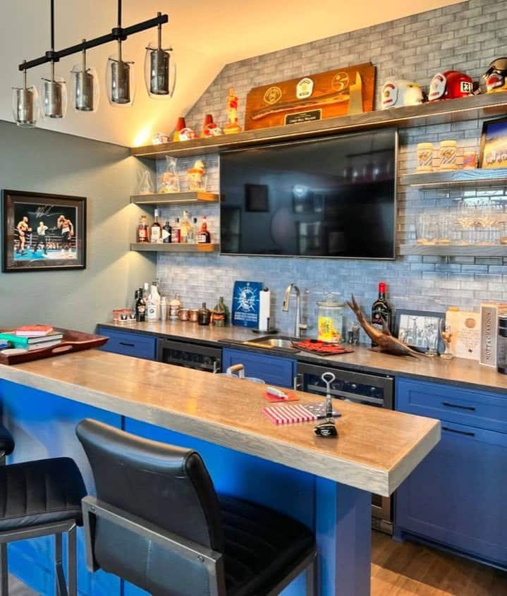 butcher block countertops blue cabinets