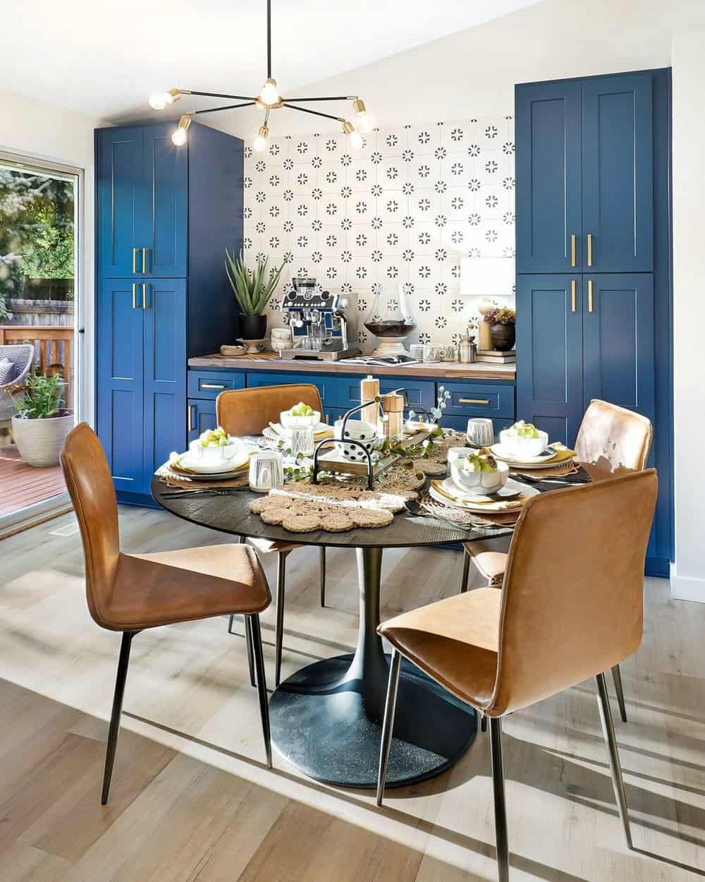 light blue cabinets with butcher block countertops