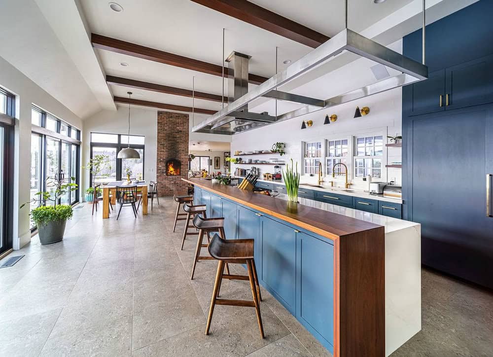 blue cabinets with butcher block countertops