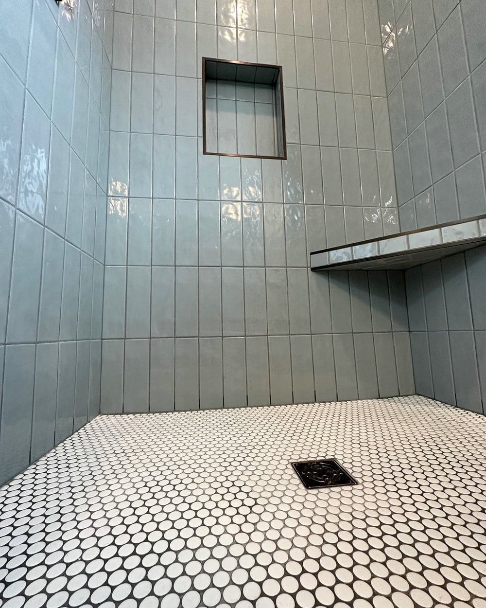 bathroom white tiles with black grout