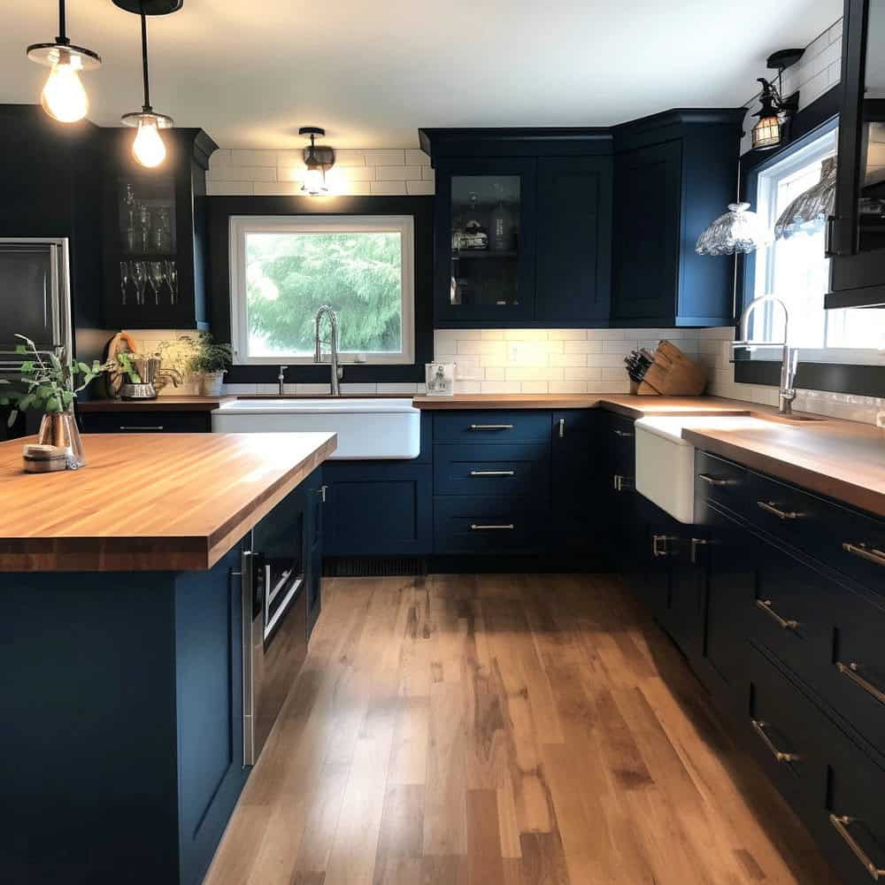 blue and gold kitchen cabinets