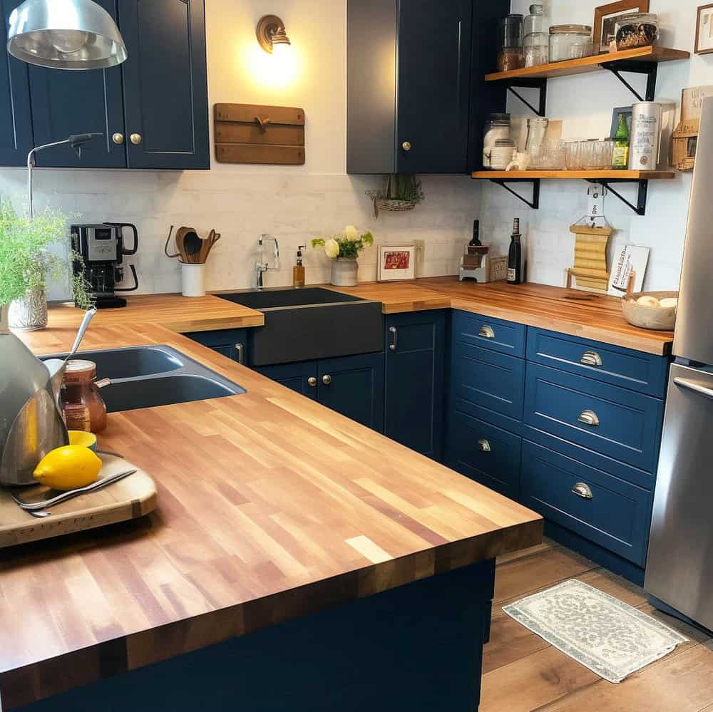 blue cabinets backsplash