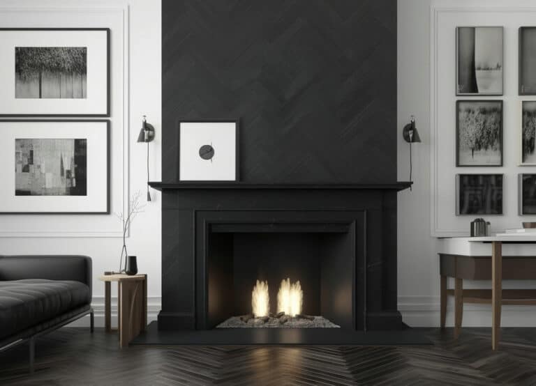 black herringbone tile fireplace feature