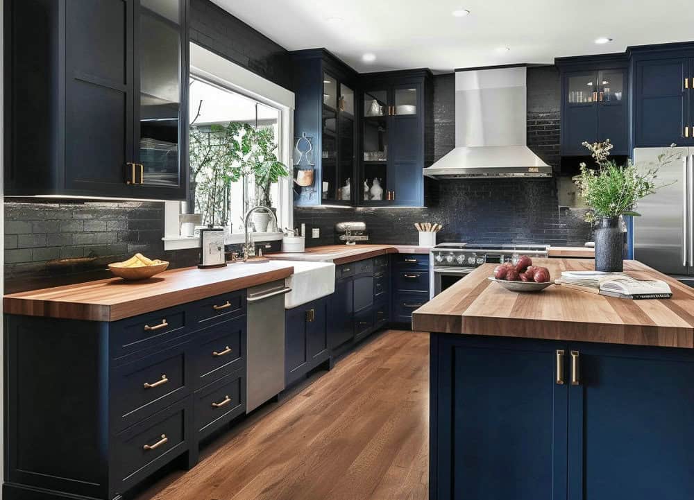 navy blue cabinets with butcher block countertops feature