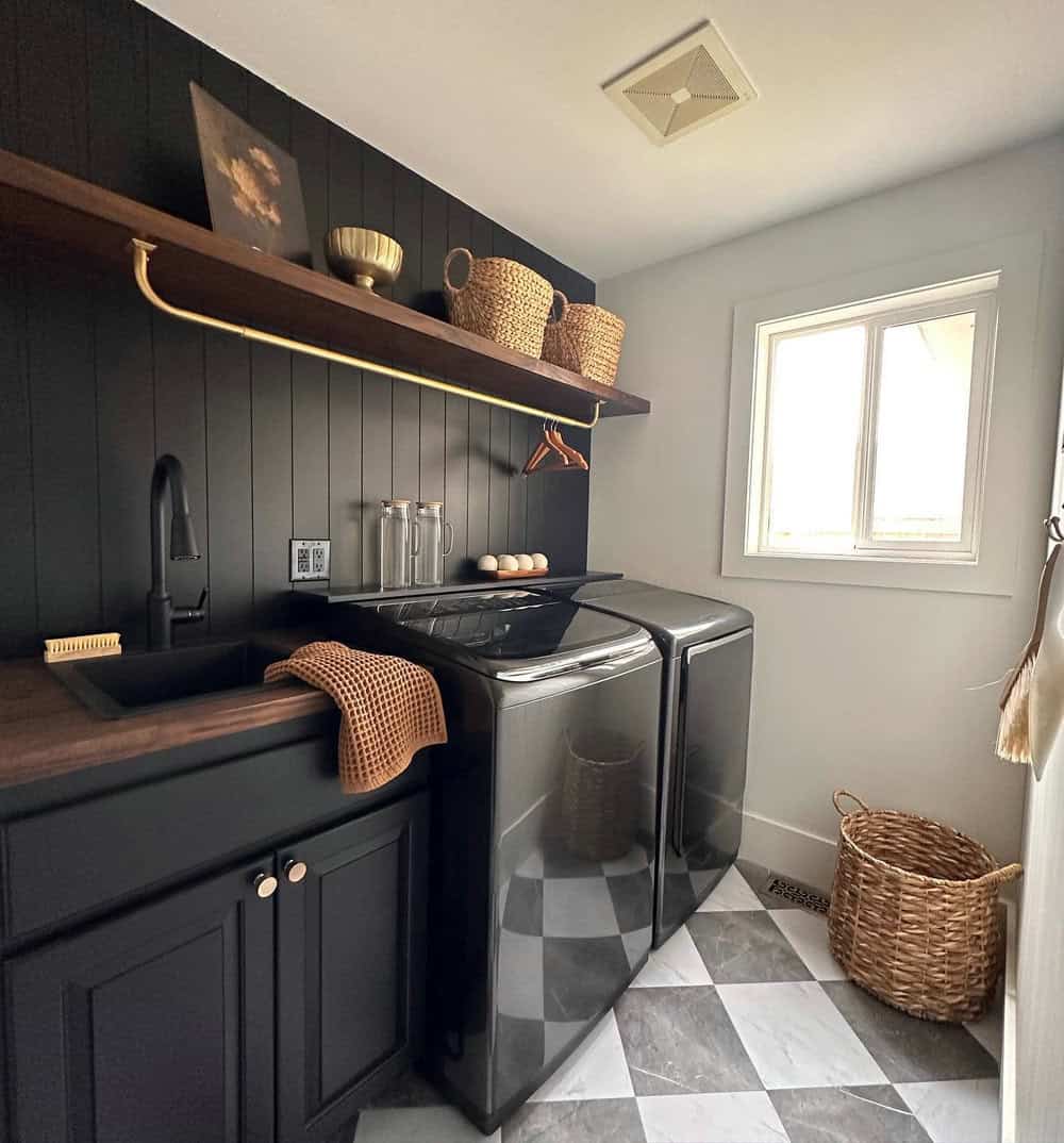 modern black and white laundry room