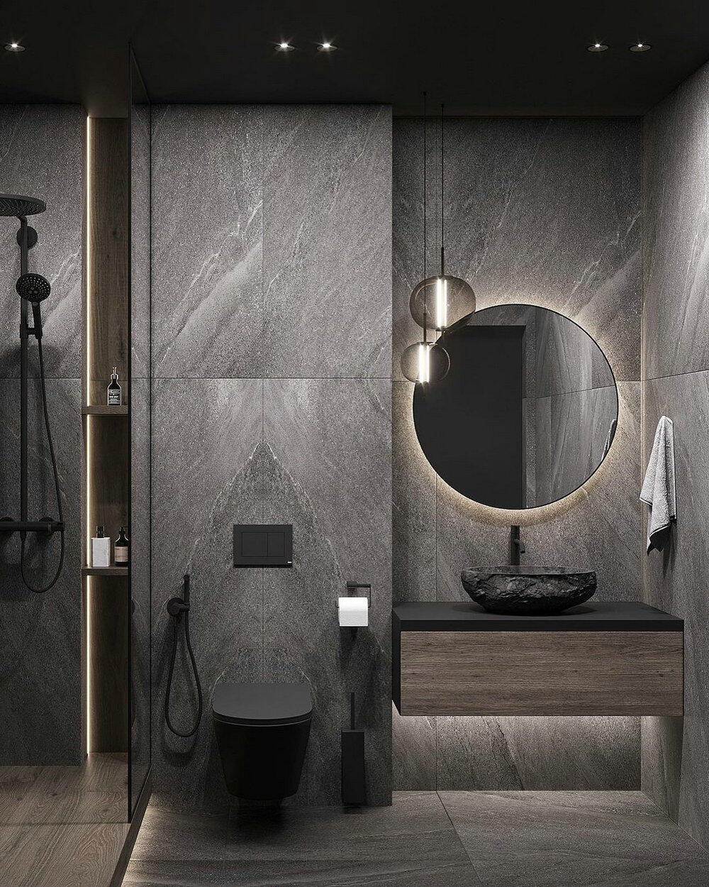 bathrooms with gray vanities