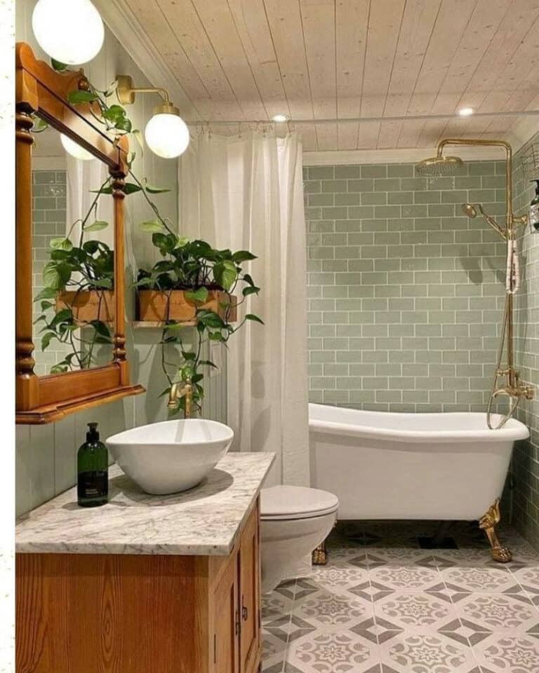 wall tile around freestanding tub feature