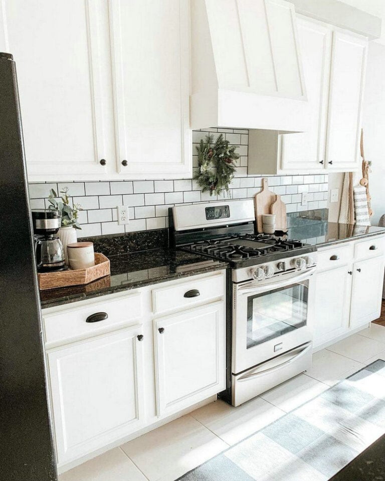 grey grout white subway tile backsplash feature