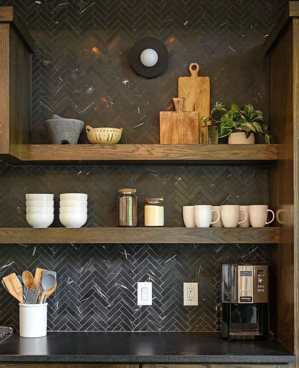 black herringbone accent wall