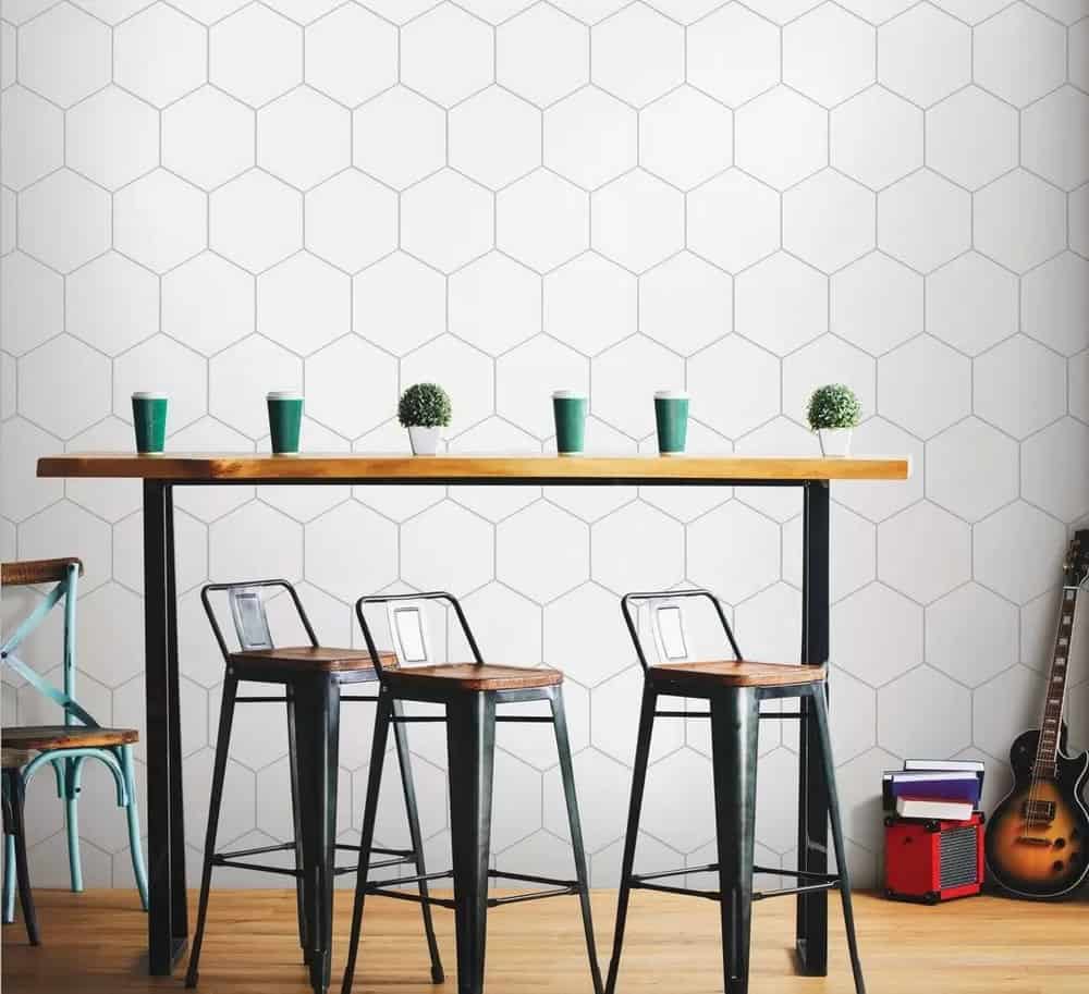 white hexagon tile with gray grout