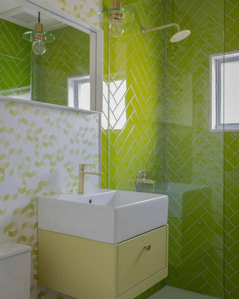 herringbone pattern with subway tile feature