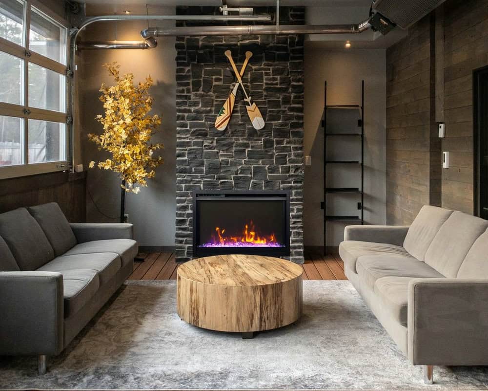 living room with black fireplace