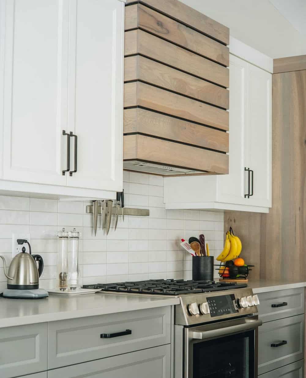 subway tile backsplash with white grout