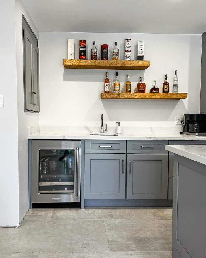 gray kitchen cabinets with white countertops