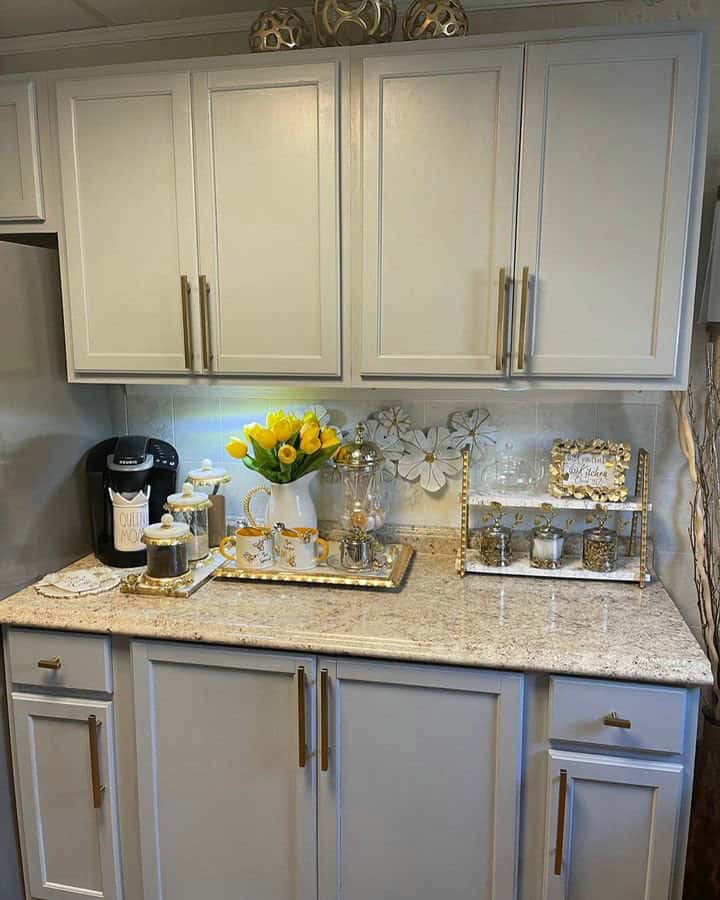 gray cabinets brown granite