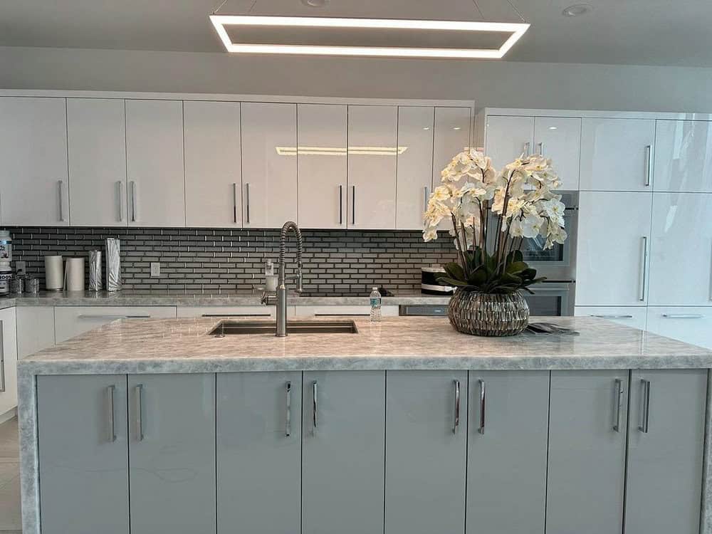 gray countertops with backsplash