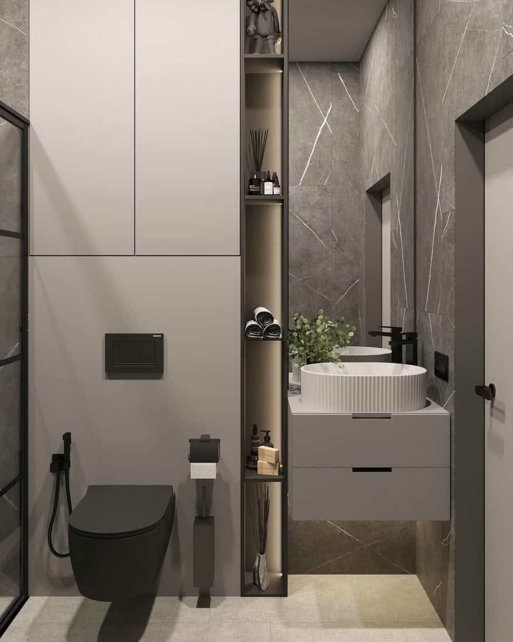 bathroom with grey vanity