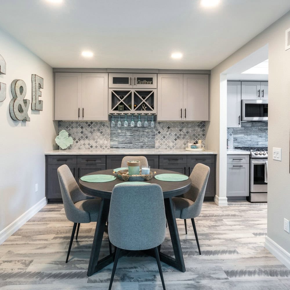 grey kitchen with white countertop