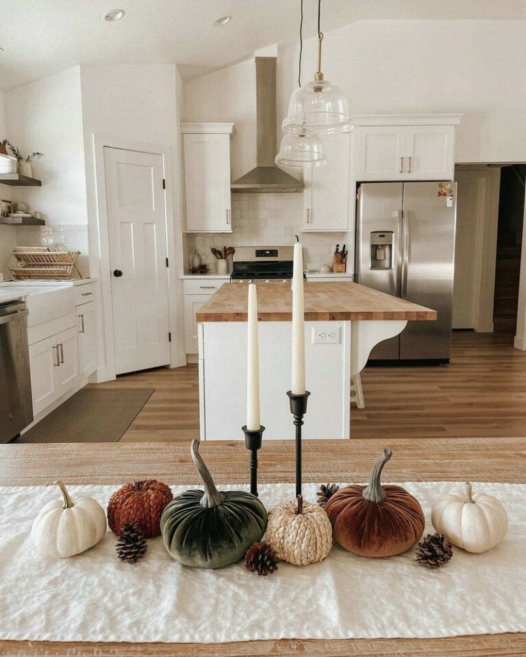 white subway tile backsplash with butcher block countertops feature