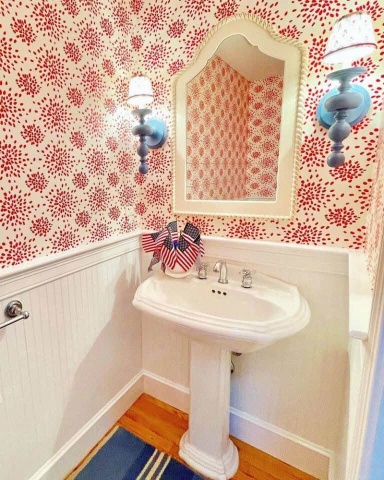 powder room with shiplap and wallpaper feature