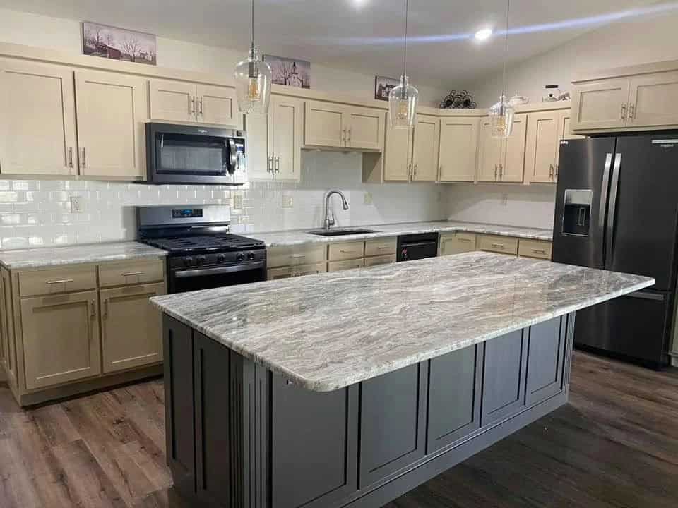 grey granite countertops with white cabinets