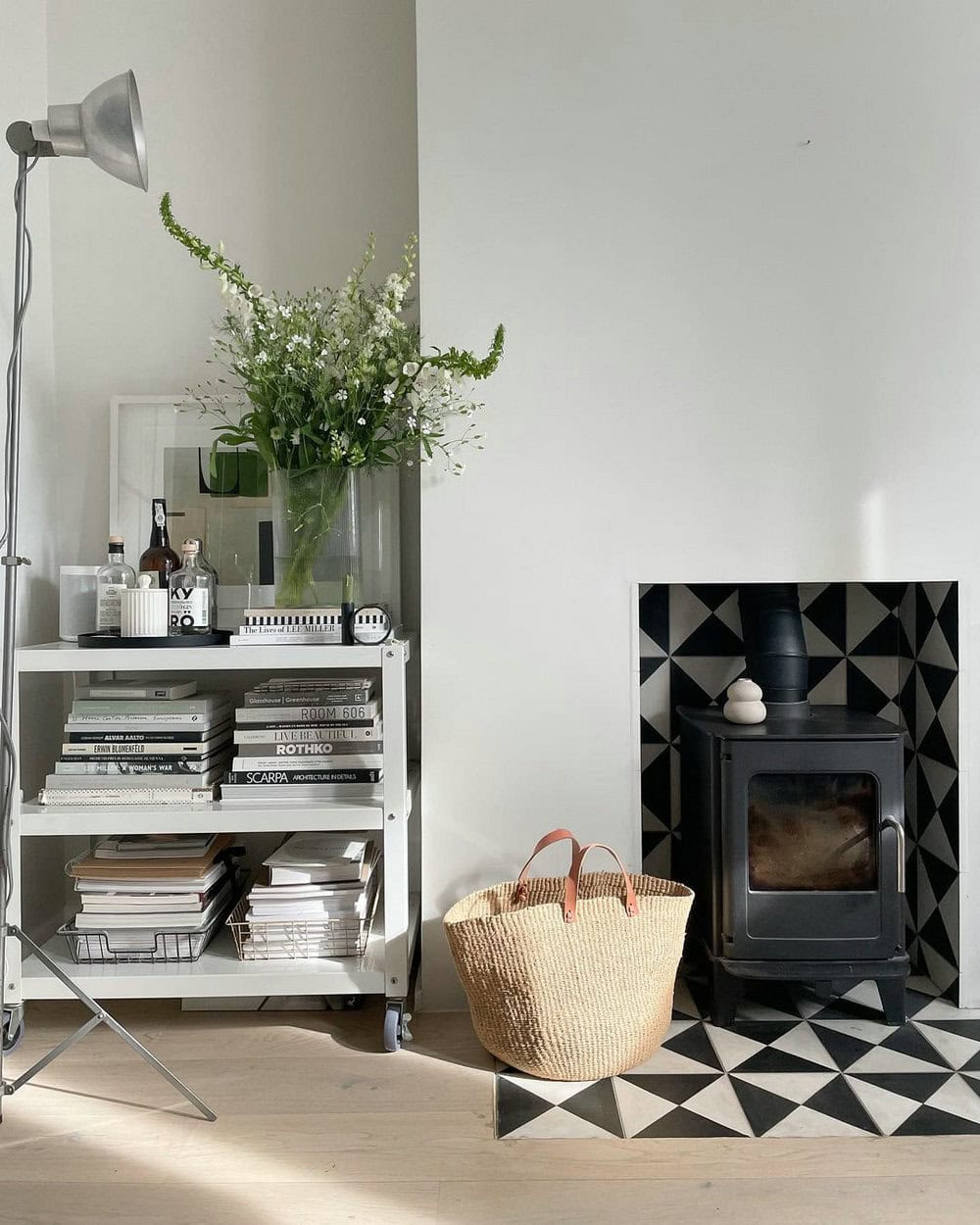 black and white fireplace