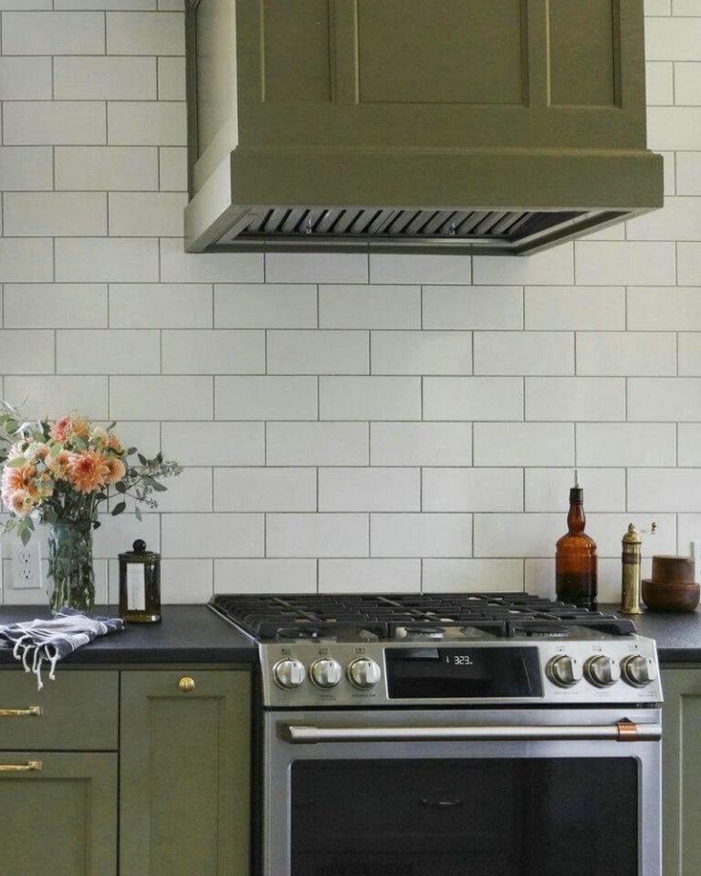 white subway tile backsplash grey grout feature