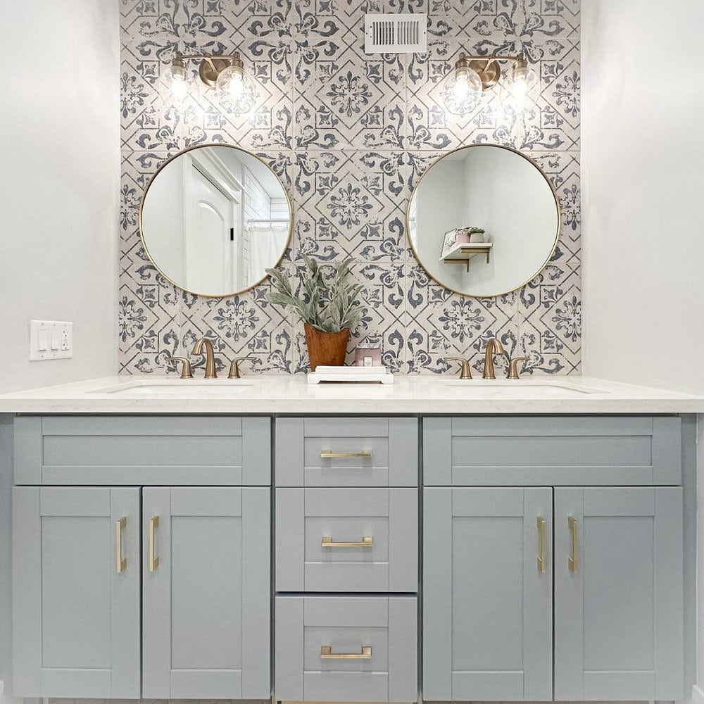 white countertop gray cabinets