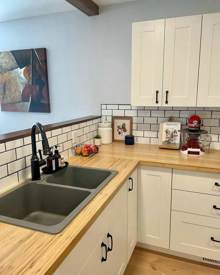 white subway tile with black grout kitchen backsplash feature