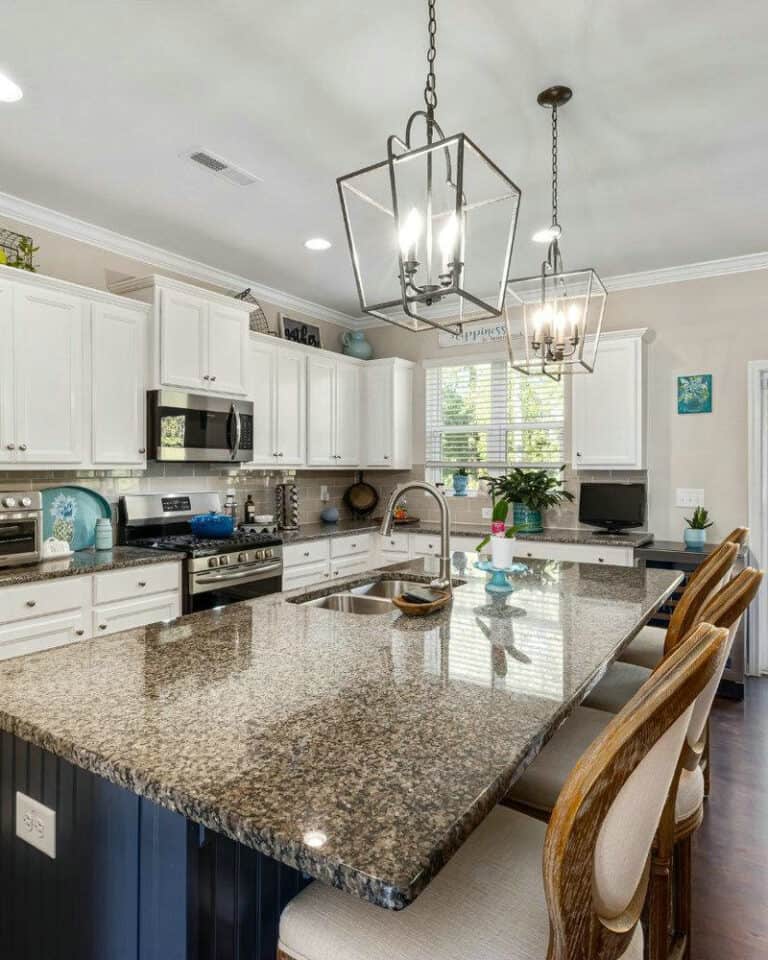 gray granite countertops with white cabinets feature