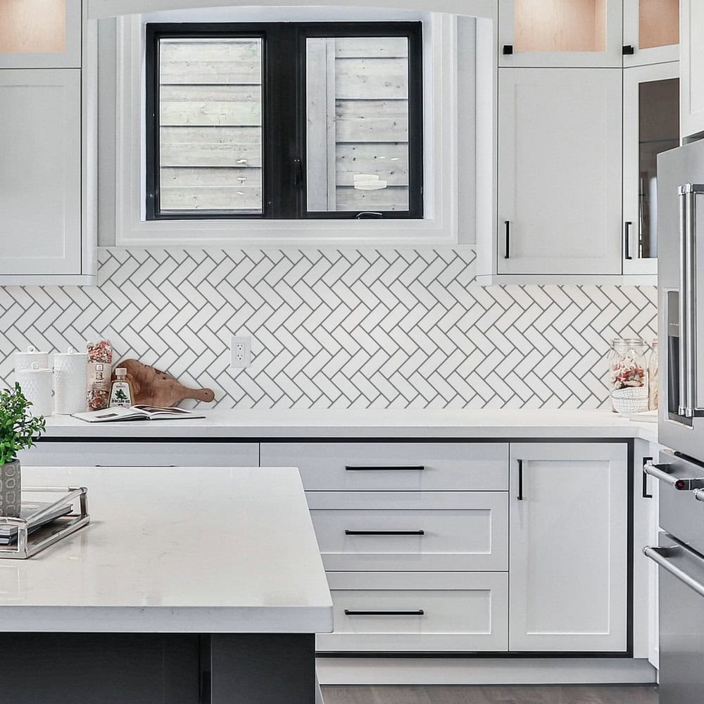 white subway tile with light grey grout kitchen