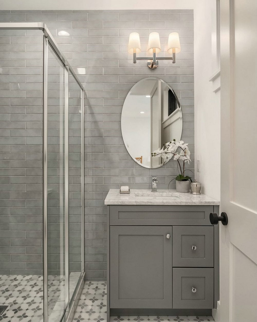 grey bathroom with grey vanity