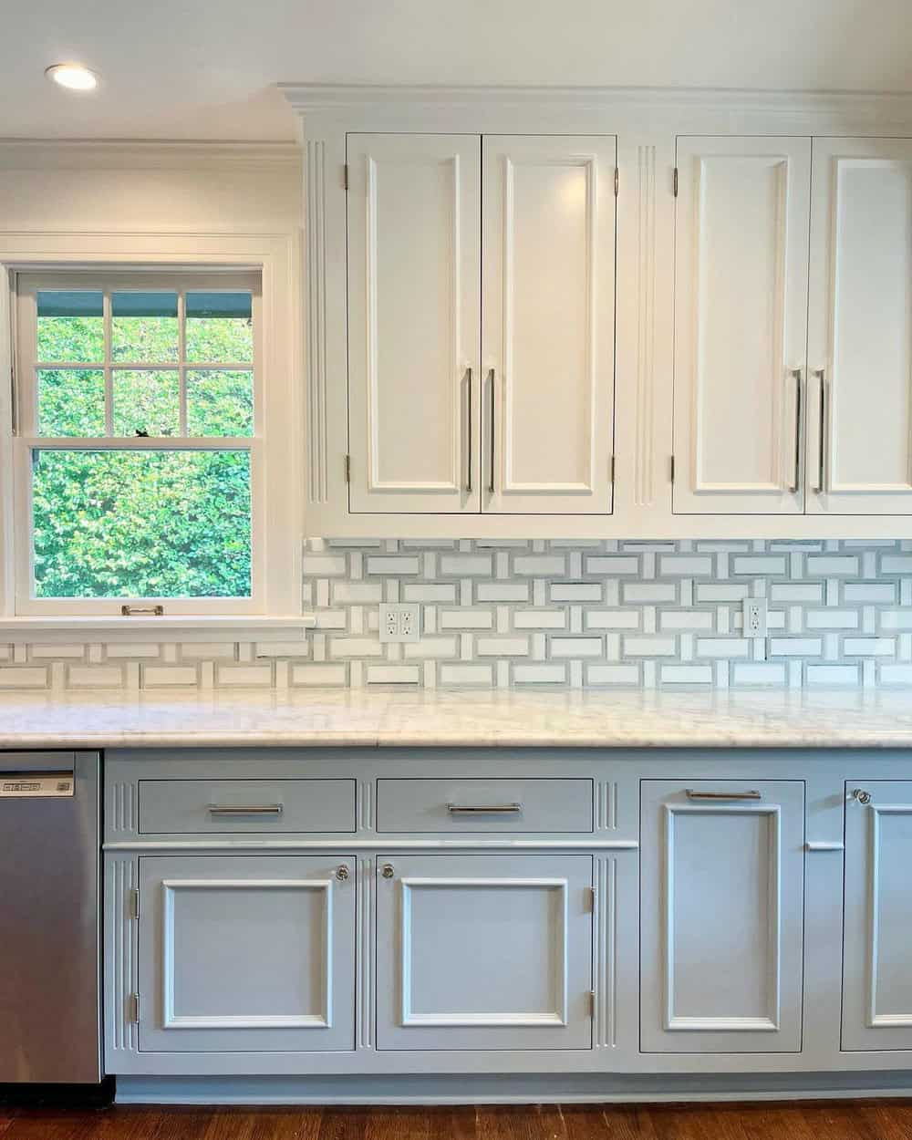 grey cabinets with white countertops