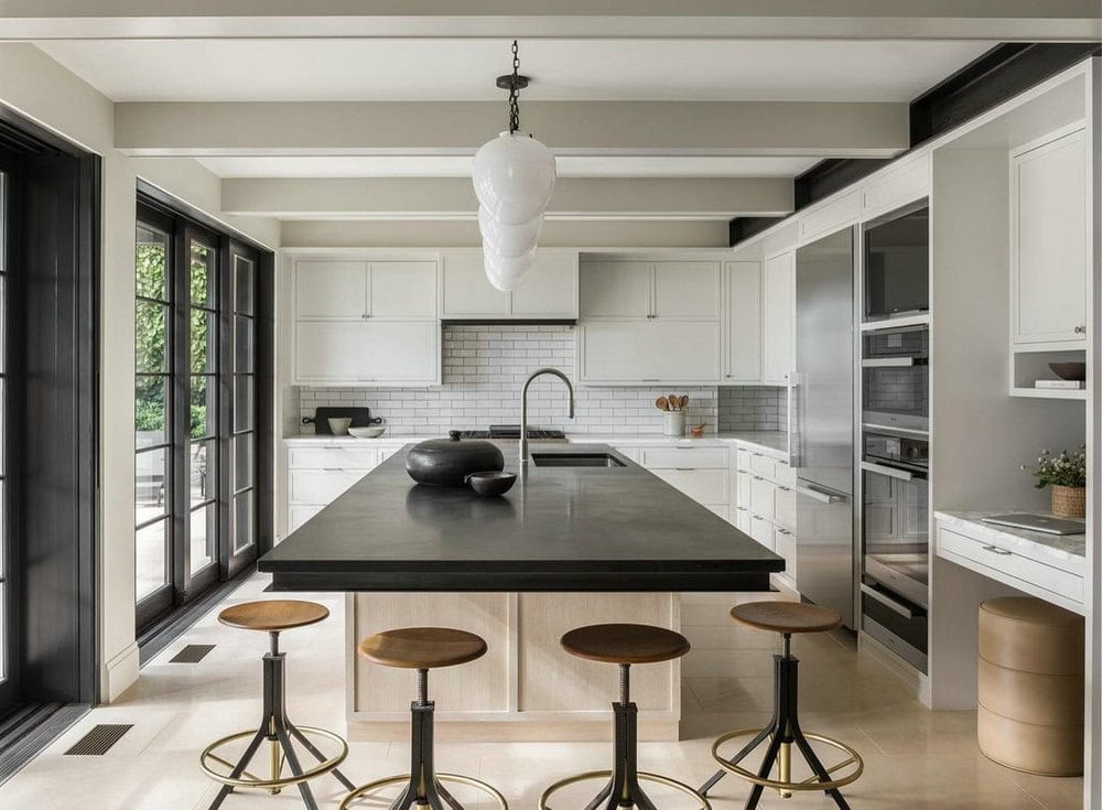 ountertops and backsplash with white cabinets