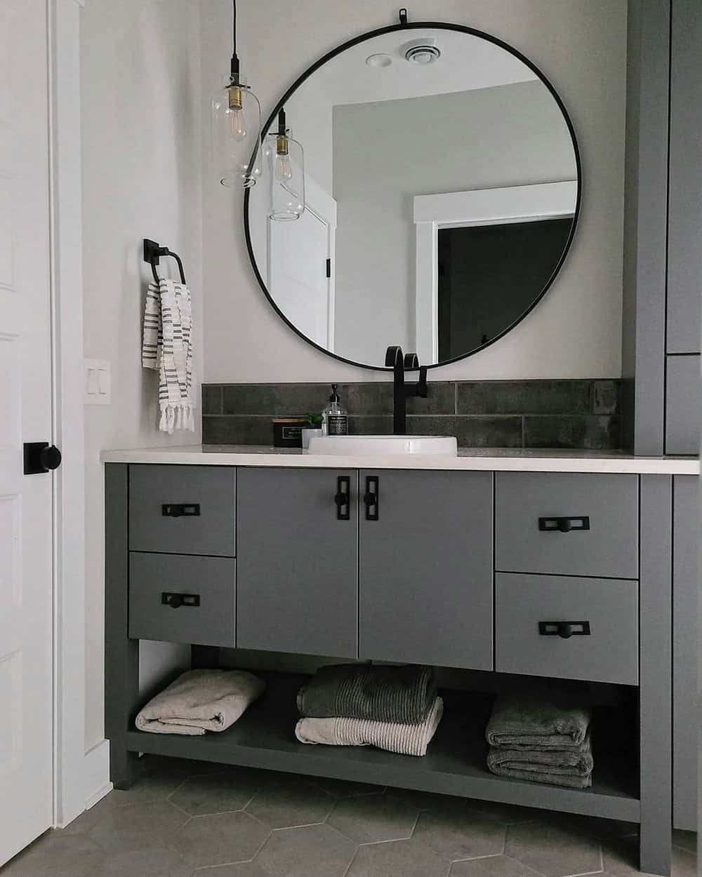 light gray cabinets in bathroom