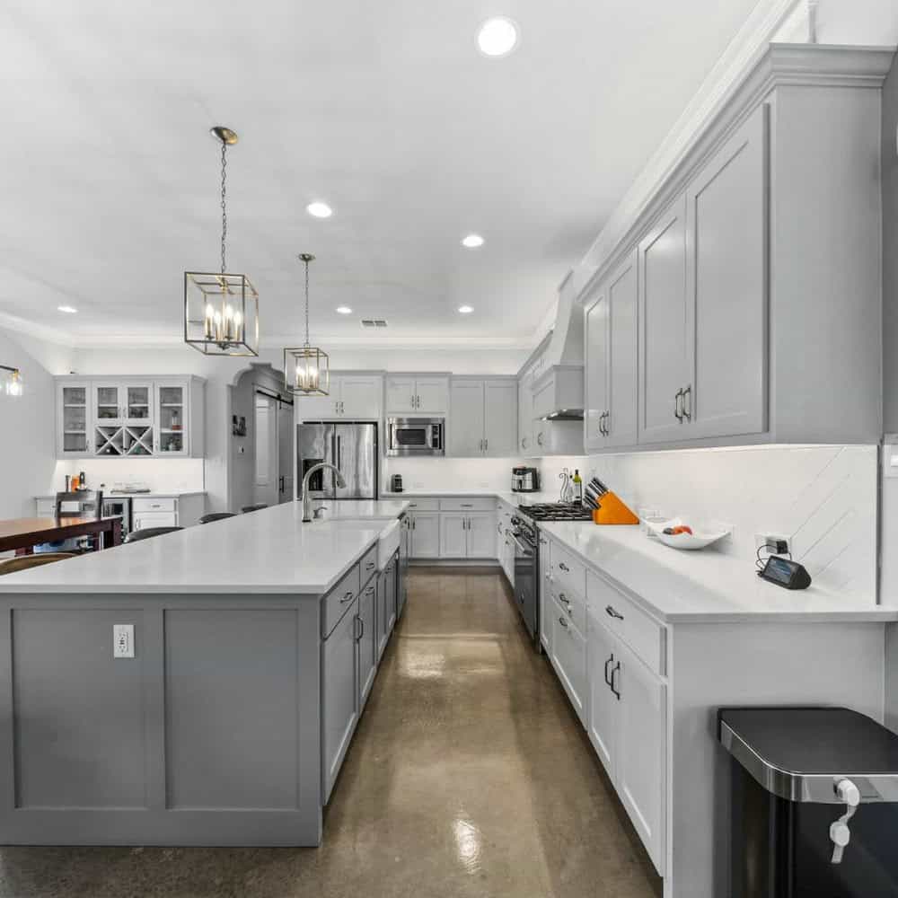 grey kitchen cabinets with white countertops