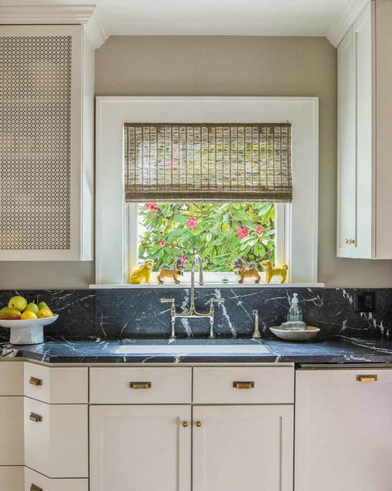 black marble countertops with white cabinets feature