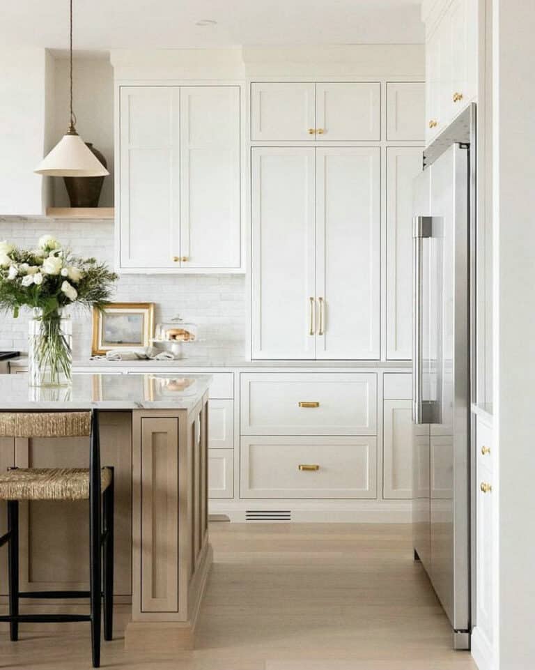 brass pulls on white cabinets feature