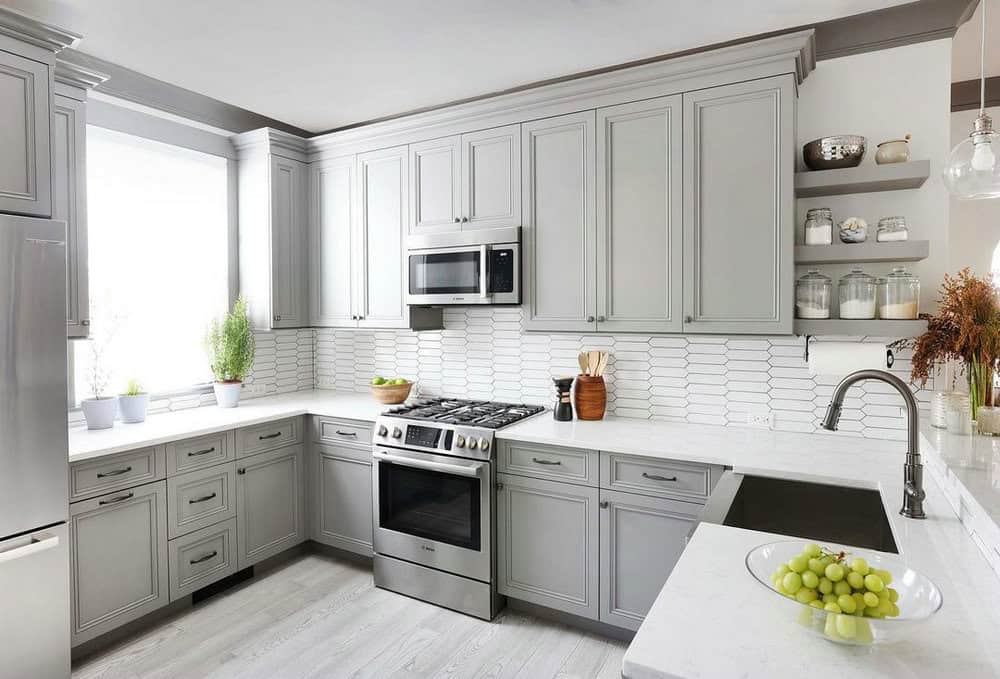 kitchen grey cabinets white countertops