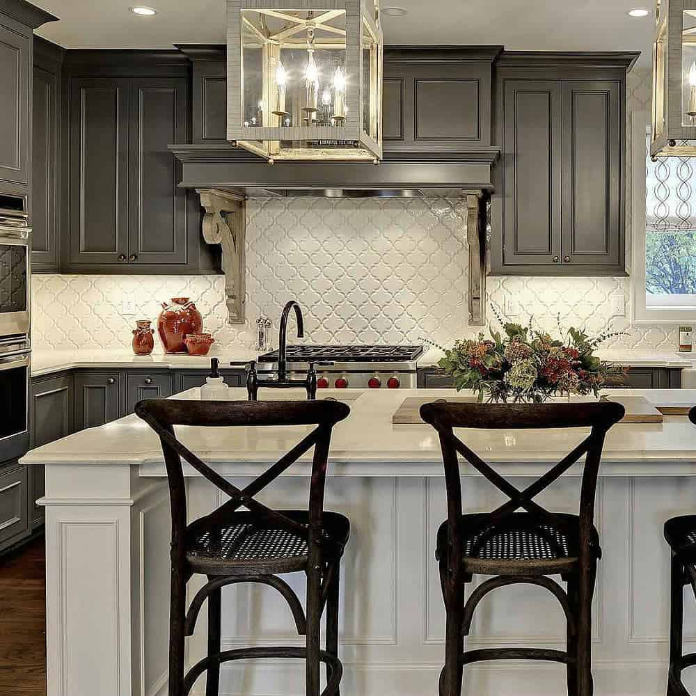 dark grey cabinets with white countertops