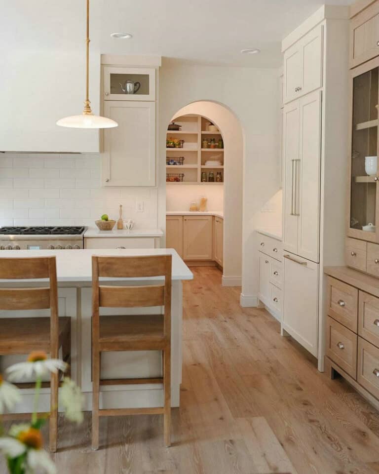 tan cabinets with white countertops feature