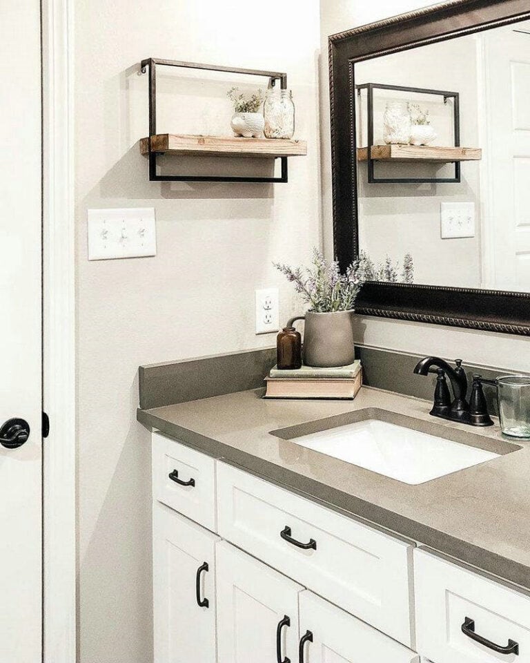 dark grey countertops with white cabinets feature