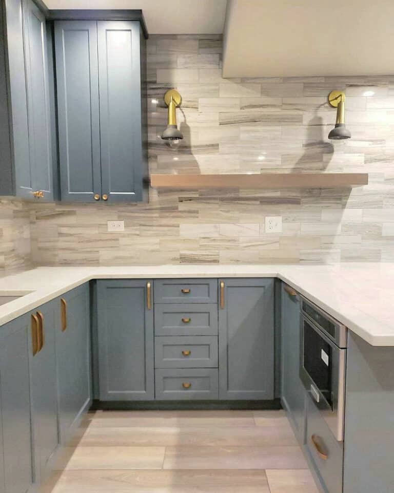 light gray kitchen cabinets with white countertops feature