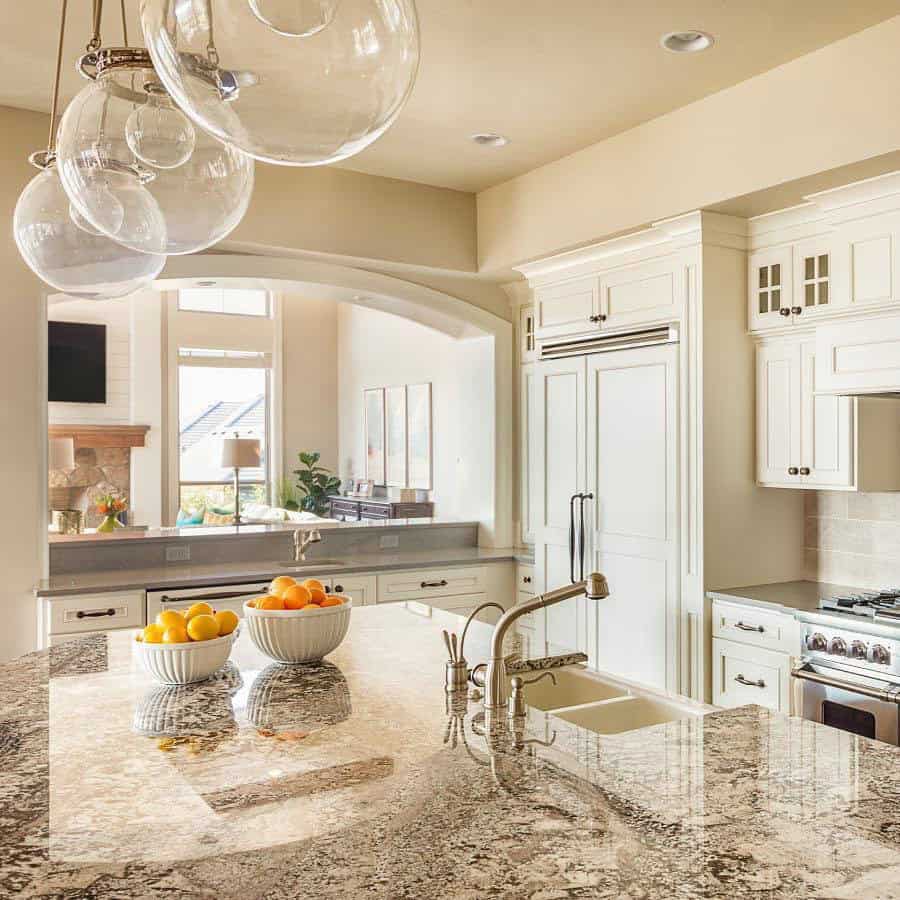 beige countertops with white cabinets