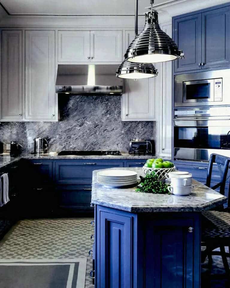 blue cabinets grey countertop feature