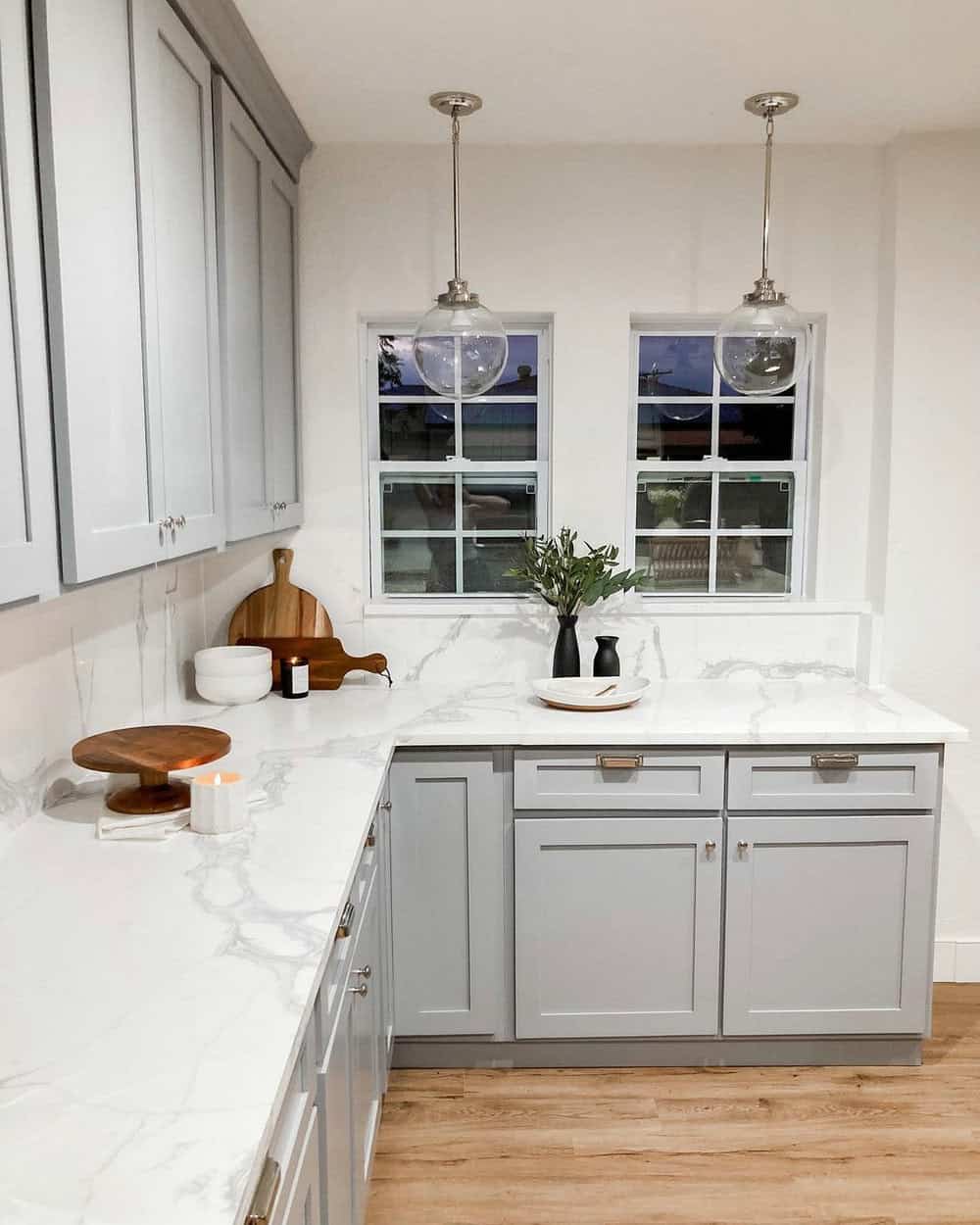 light gray cabinets with white countertops